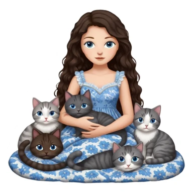 detailed realistic looking a dark grey and white cat regally laying with six other cats, cuddling with their owner in bed who is a pretty bratz lightly tanned white girl with long dark brown hair, blue eyes and gorgeous long wavy hair wearing a pretty detailed dress sticker