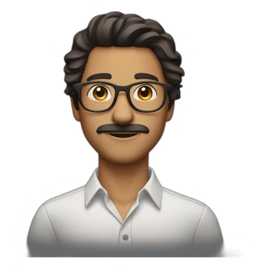 guy with curled mid long hair brune and glasses and small mustache sticker