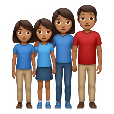 Make the daughter look younger and smaller than her two brothers. Keep the family as one mom, one dad, two sons, and one daughter, all with medium skin and dark brown hair, in apple emoji style. sticker