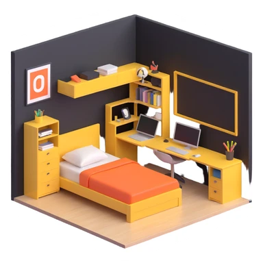 3D layout of teen bedroom with bed against wall, corner desk, and storage units sticker