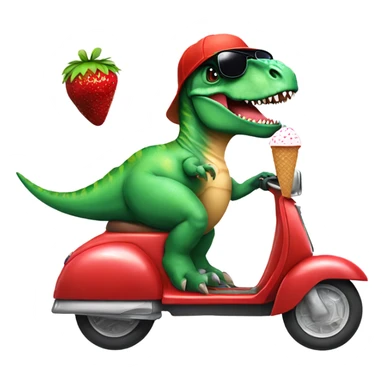 Dinosaur wearing sunglasses on scooter with a ice cream hat eating a bow of strawberries  sticker