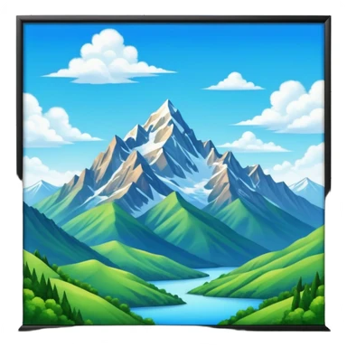 The background showcases majestic mountains, lush green valleys, and a bright blue sky with fluffy clouds. The sun casts warm light over the landscape, emphasizing the beauty of outdoor cycling. sticker