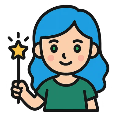 beautiful girl with blue hair and green eyes, holding a magic wand, wearing a dark green dress, color icon style sticker