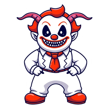 full-body demonic clown in a white leisure suit with bellbottom pants, bald, with black ram horns, flashy belt, ruffled shirt, no neck tie, large fangs in mouth sticker