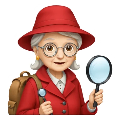 scout old woman with hat, backpack and magnifying glass, red sticker