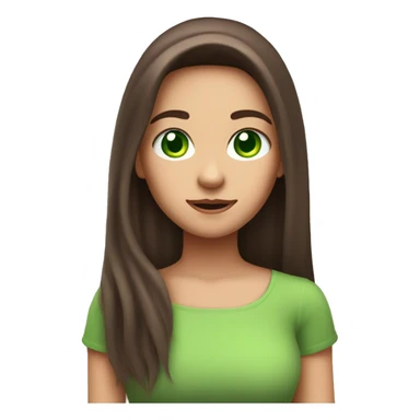 Create a brunette girl with long hair and a pink lock of hair, with green eyes, holding a phone, the light from the phone should fall on the girl sticker