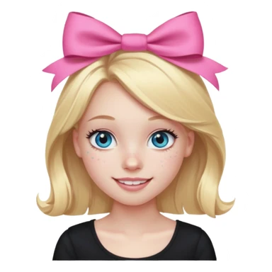 A blonde girl, teen, pale skin, freckles, light blu eyes, lashes, smiling, black top, pink coqquete bow in hair sticker