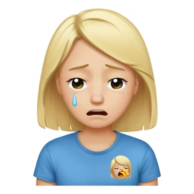 person in normal clothes crying, blonde hair, wearing a t-shirt sticker
