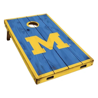 Cornhole board blue and yellow with Michigan “M” sticker