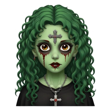 Zumbi verde com olhos castanhos aspecto de que tá sangrando, com cabelo marrom cacheado longo um piercing do lado esquerdo do nariz, roupa preta e crucifixo como colar, e também delineador  sticker