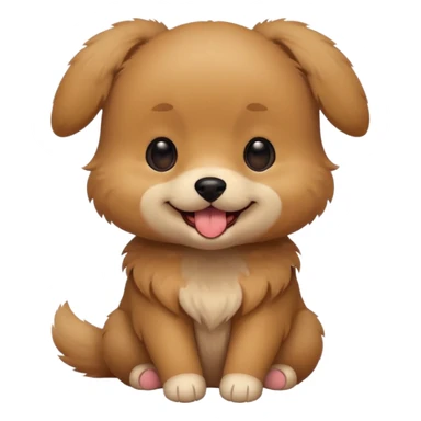 Cute small brown fluffy dog emoji icon. Round face, short muzzle, light brown fur with slightly darker ears, small black nose, happy smiling expression with tongue out. Soft friendly eyes, sitting pose with front paws together. Simple clean vector style, minimal details, kawaii style. sticker