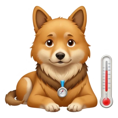 A sick dog lying down with a digital thermometer placed next to it, showing a fever.
The dog looks tired and weak, with a warm and cozy indoor atmosphere. sticker