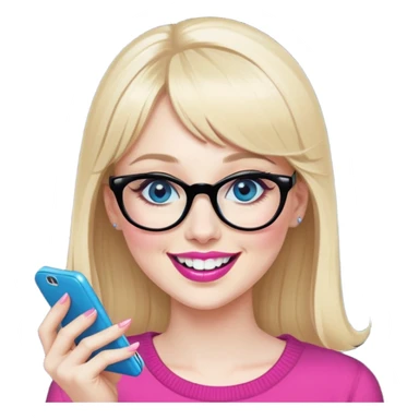 Pin up Woman with pale skin, wider face, blue eyes with eyeliner, thin eyebrows, long eyelashes, pink lipstick, blonde hair up with bangs, wearing black glasses. Laughing on a mobile phone  sticker