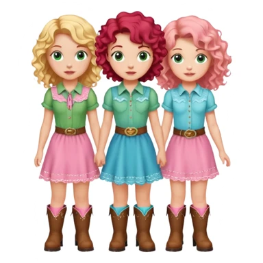3 girls one with dark short hair in a green shirt one with curly red hair in a pink cowgirl dress and boots and one with long wavy blonde hair in a cute baby blue set sticker