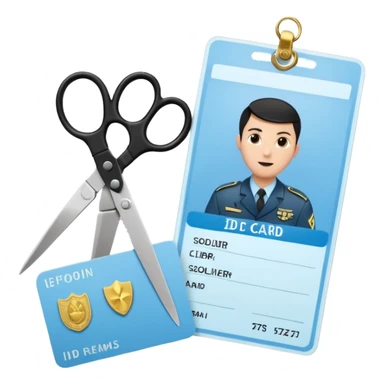 Floating black Scissors cutting in half a light blue idf soldier ID card with golden chip in 2 parts .hyper realistic sticker