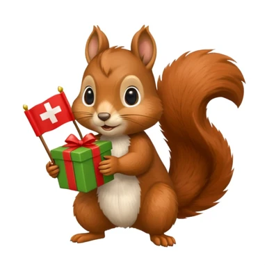 realistic squirrel holding a green gift box in one hand and a red Swiss flag in the other, both objects clearly visible, simple white background, the gift is a different color from the flag sticker