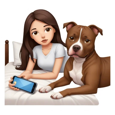 Girl long dark brown hair lays on her bed with her cell phone and her brown pit bull lays guarding her sticker