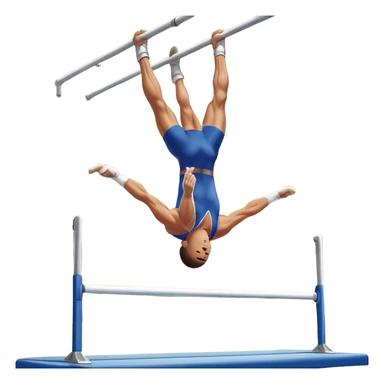 A professional male athlete performing on the parallel bars, showcasing strength and grace. His body is in mid-motion as he holds a perfect inverted position, demonstrating control and balance. The background features a bright gymnasium with high ceilings and a crowd cheering in the distance. sticker
