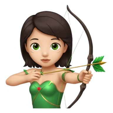 cupid flying with wings asian with brown eyes and dark hair handled bow and arrow directed to green emoji heart sticker
