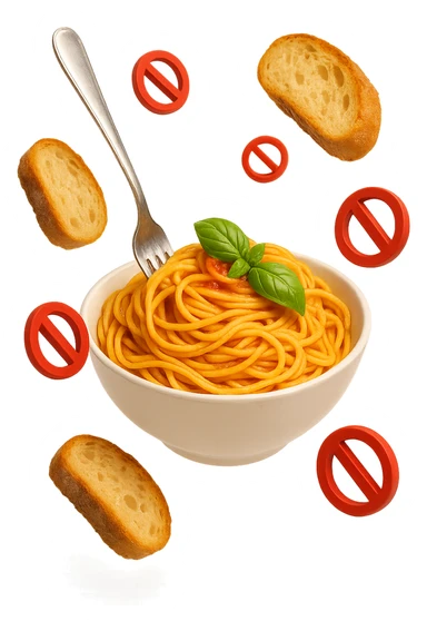 bowl di pasta e fettine di pane che fluttuano in aria con piccoli divieti 3d, sfondo bianco, iperrealistico 4k sticker