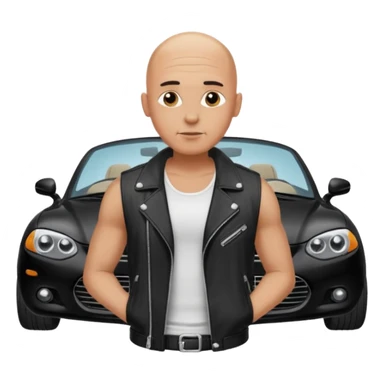 bald man emoji wearing a white tank top and black jacket with a black car in the background sticker