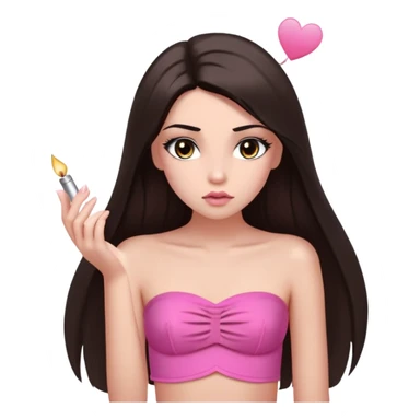 girl with lighter skin, dark brown long straight hair falling in front of her body, pouty shiny lips without cupid's bow, shiny large eyes with long eyelashes, lighter button nose, very long oval-shaped face, wearing a pink bandeau top with straight neckline, looking directly at camera with hands down at sides sticker