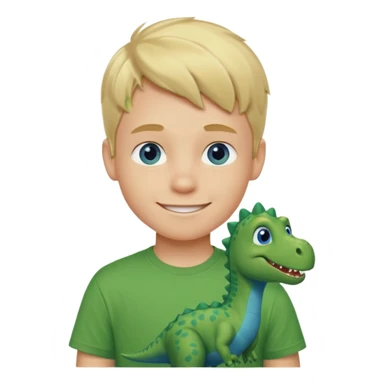 A smiling blond boy with blue eyes wearing a green dinosaur T-shirt sticker