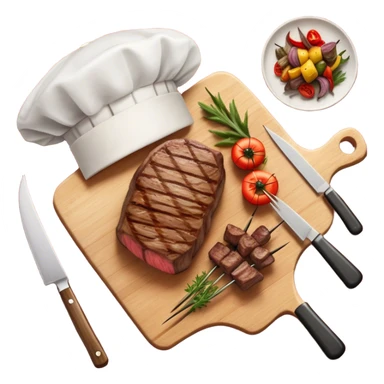 icon featuring a chef’s hat, a cutting board with fresh ingredients, a knife, a beautifully cooked ribeye steak, shashlik skewers, and a plate of food in the making. The design captures the passion of cooking with warm, inviting colors, and realistic textures. Transparent background. sticker
