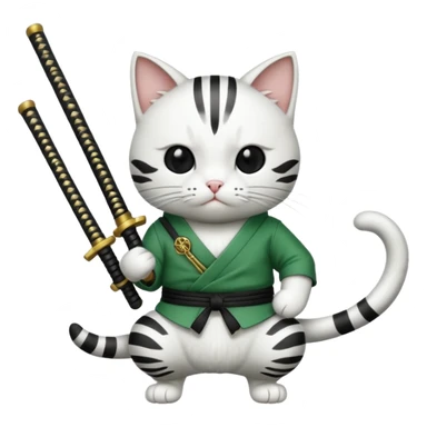 un gato blanco con reeferencia a roroa zoro "una espada en cada mano y una en la boca sticker