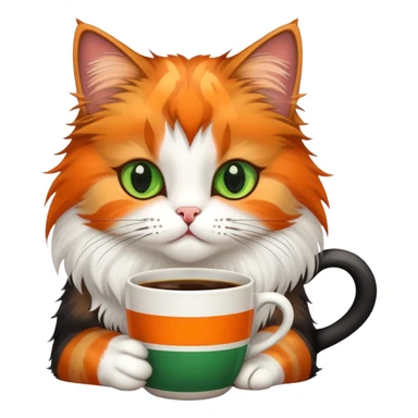 tricolor fluffy cat with big green eyes drinking a cup of coffee sticker