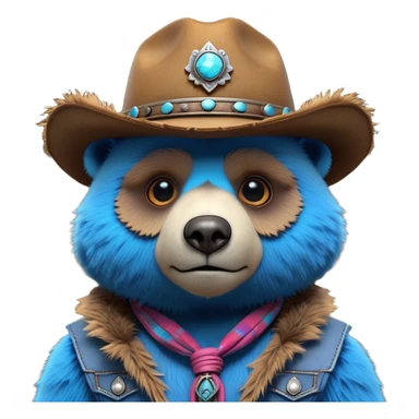 3D, adorable little Pixar style blue neon punk bear wearing a cowboy hat, ultra detailed, each lash, eye, and strand of fur is shown in stunning detail as though captured in a timeless photograph, rich textures, visually rich, so lifelike it feels like it could leap off the page at any moment sticker