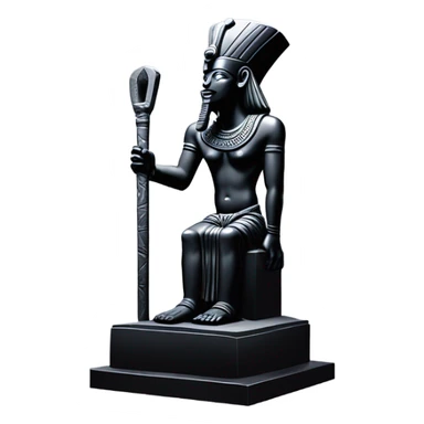 Osiris crook and flail obsidian statue on granite 30 ton brick, massive size, sunlight behind, sunset colors, reflections on black stone polished clean perfect, photography angles sticker