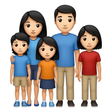Hispanic family of five together: mom with long straight hair, dad with short curly hair, three kids—oldest 9-year-old boy with short hair, 6-year-old girl with long straight hair, 6-year-old boy with short hair (twins), apple emoji style sticker
