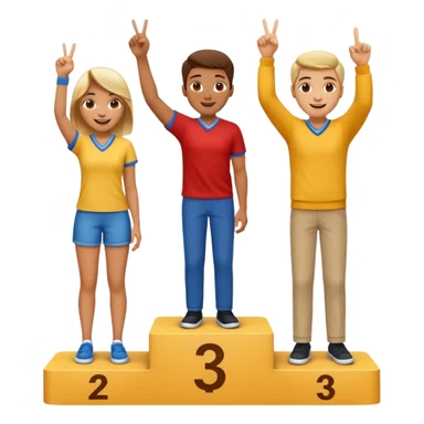 three casually dressed people on a winners podium with no numbers, middle step higher, each on their step, center person holds up one finger on each hand, fun expressive cheerful emoji style sticker