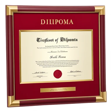  prestigious red diploma cover with gold embossed text on the front. The cover is slightly open, revealing a white certificate inside. The gold lettering glows subtly, giving it an elegant and official look. The diploma is placed at a slight angle for a professional appearance. The background is plain white sticker