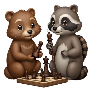 A detailed emoji of a beaver and a raccoon sitting at a chessboard, intensely focused on the game. The beaver has a thoughtful expression, holding a chess piece, while the raccoon looks mischievous, ready to make a move. sticker