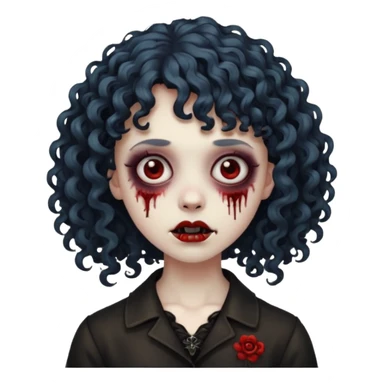 Faça um emoji de zumbi mulher, cabelo cacheado e franja cacheada, deixe ele com a estética meio gothic sticker