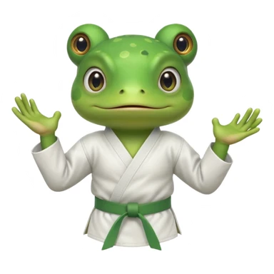 cute frog doing karate portrait, head and shoulders only, wearing white gi uniform, green belt visible, funny serious face, 3D cartoon, mobile game icon style, clean background, no text, no watermark
 sticker