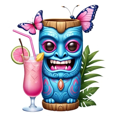 Pixar style little Blue and pink tiki singing with a butterfly and tropical drink, ultra detailed and lifelike imagery, realistic sticker