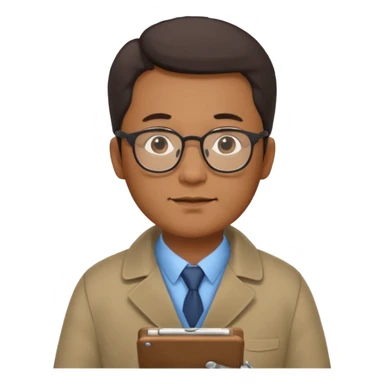 Middle-aged asian male vet – glasses, coat, writing notes on clipboard. sticker