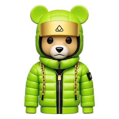 ultra-detailed bearbrick figure with perfect cube head and geometric body, wearing premium lime green balaclava with sleek integrated black visor lens at eyes, luxury oversized designer puffer jacket with prominent logo and lavish fur trim collar, heavy gold chains, streetwear icon sticker