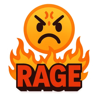 vibrant toon style emoji, red background fading to dark in the center, 'RAGE' in bold red text, flames bursting from the text sticker