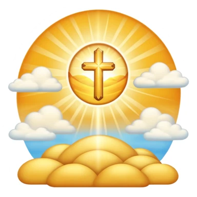 "Create a warm emoji representing morning christian spiritual awakening. Golden sunrise rays, soft light beams, peaceful clouds, or spiritual symbols like crosses, crescents, or light. No human figures - focus on light, warmth, and divine energy." sticker