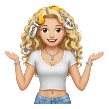 white girl with long blond curly hair held with a hairgrip, thin athletic build with visible muscles on arms legs back and butt, wearing jeans white strappy t-shirt and necklace, big smile with white teeth sticker