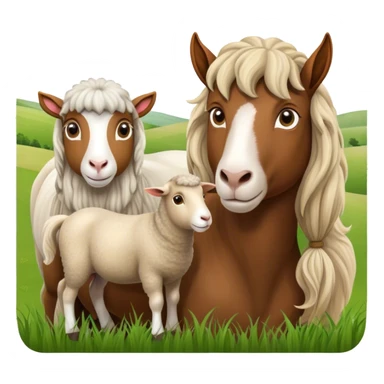 Icon for Domestic Hooved Animals: A gentle collage featuring a horse with a flowing mane, a brown goat with large, curious eyes, a calm sheep with soft wool. Background with a green pasture and a few hay bales. Transparent background. sticker