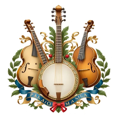 Create an intricate, festive, and emblematic emoji symbolizing plucked string instruments. The design should resemble a regal crest, featuring instruments like a banjo, mandolin, domra, sitar, and other plucked strings, arranged symmetrically in an ornate composition. Their necks and strings should elegantly intertwine with a flowing ribbon of musical notes, wrapping gracefully around the instruments. The overall shape should be grand and balanced, evoking a sense of tradition and celebration. Use a rich and refined color palette with gold, deep mahogany, and vibrant accents, adding intricate wood textures, decorative inlays, and metallic tuning pegs for a professional, polished look. The background should be transparent, making the emblem stand out as an independent artistic mark sticker