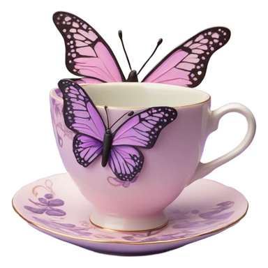 A delicate butterfly with pastel pink wings, resting on the edge of a purple porcelain teacup adorned with intricate violet floral patterns. sticker