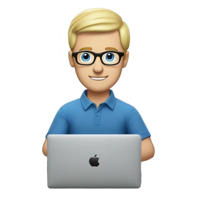 man looks 35 classes, european, tech nerd love pcb designing, blue shirt blond short hair, blue eyes with specs behind macbook on with electronics on the desk sticker