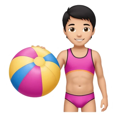 Hawaiian boy with black hair with pink highlights and a swimsuit, with beach ball sticker