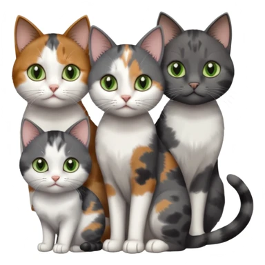3 different coloured small cats including a dark grey and white, and a patchy calico with hazel eyes and a completely solid dark grey with green eyes and only white paws sticker